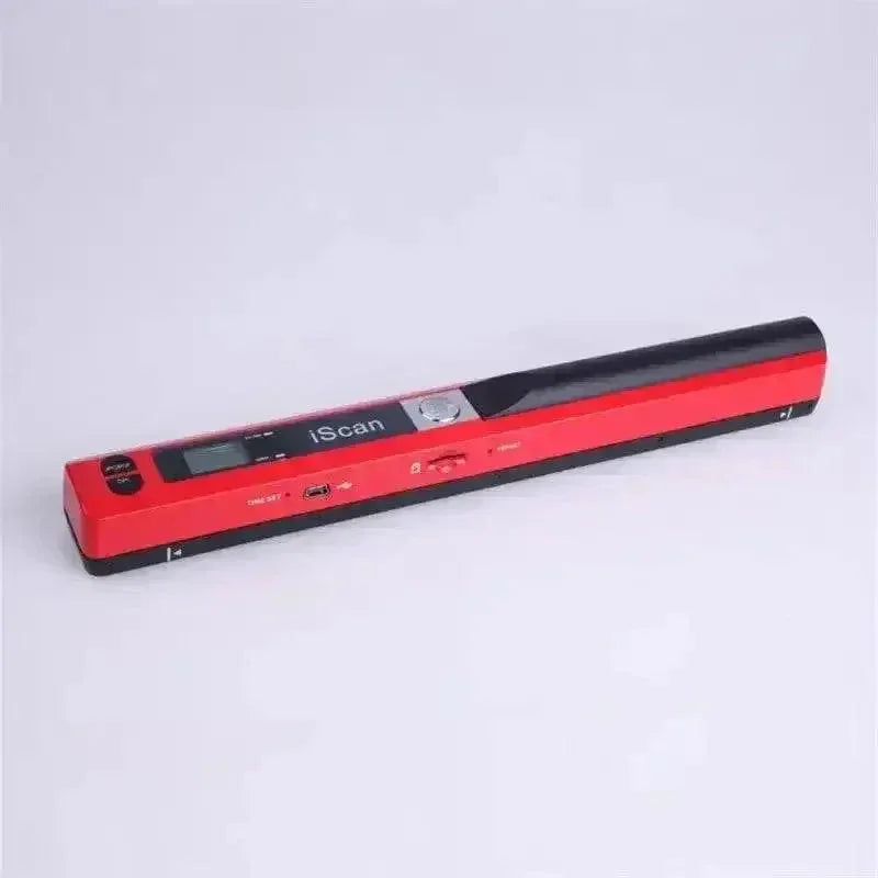 Portable black handheld A4 scanner being used to scan a document on a wooden table