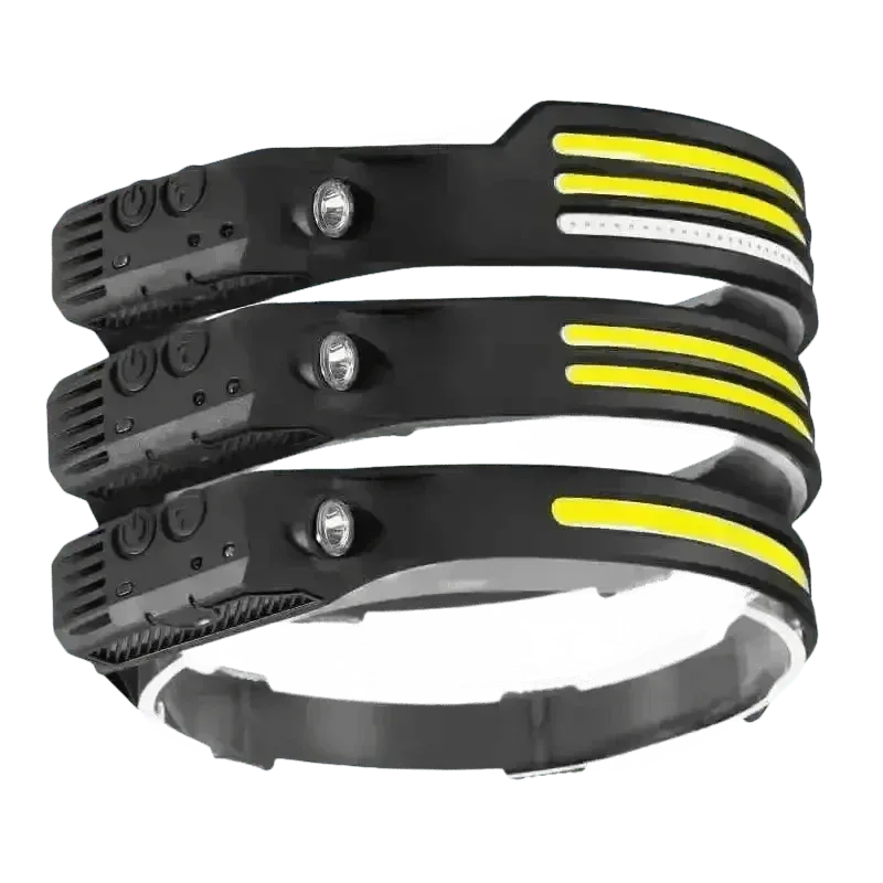Black induction headlamp with adjustable elastic strap on white background