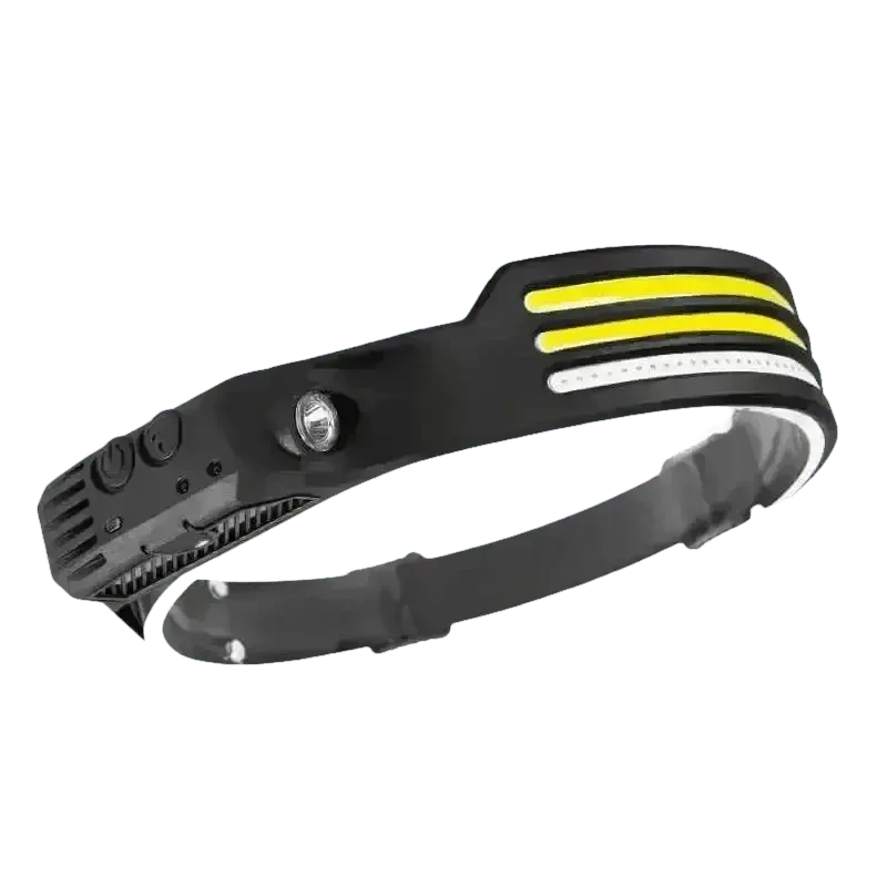 Black headlamp angled to show light sources and sensor components