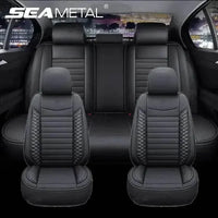 Black leather car seat cover installed on a car seat showing smooth texture and sleek design.