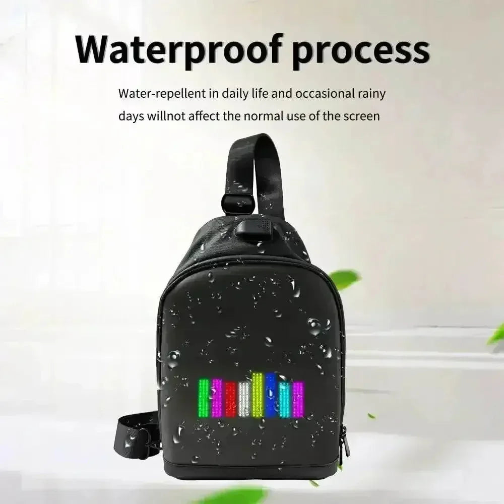 Black smart waist bag with LED pixel display worn on a model for hands-free use.