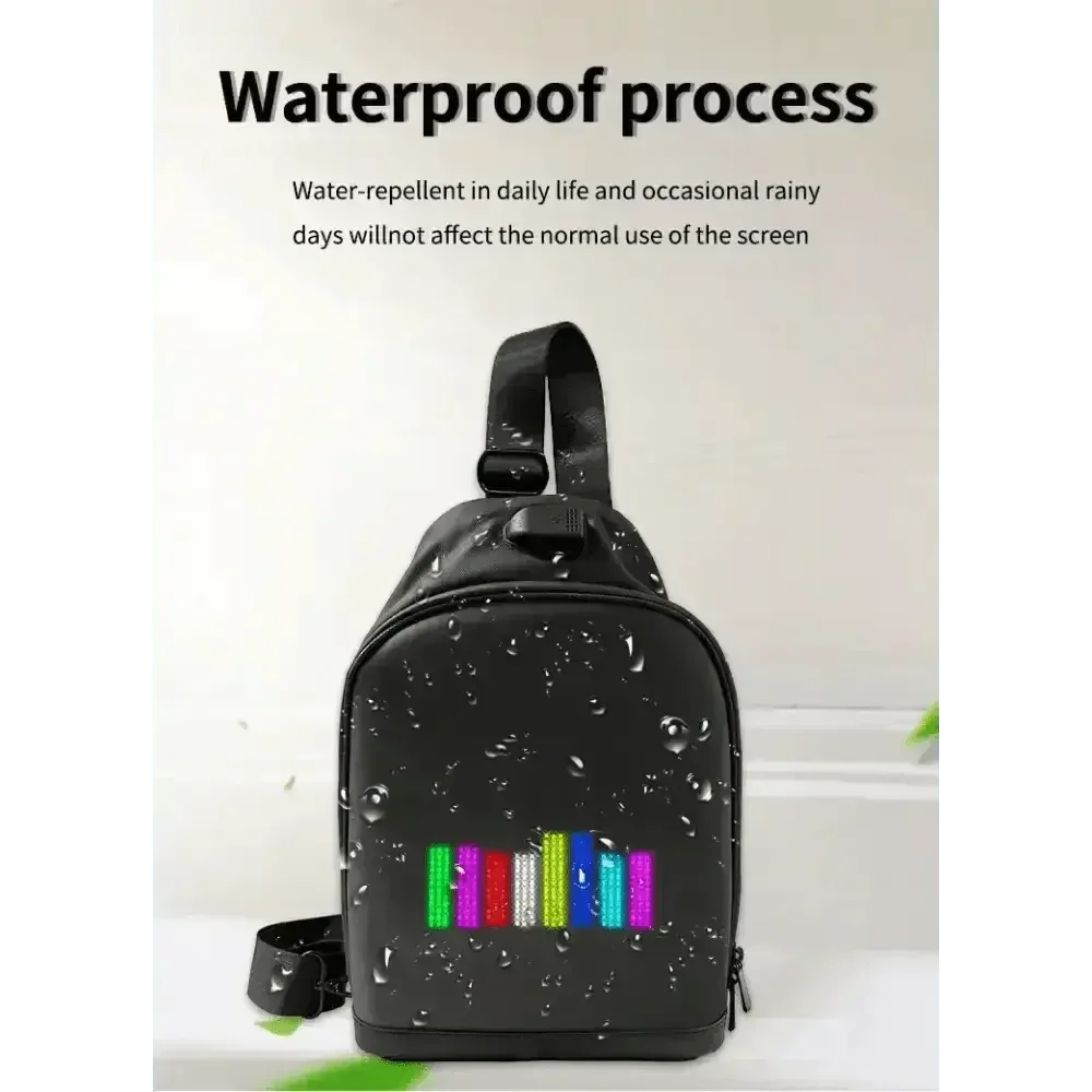 Front view of smart waist bag featuring bright LED pixel display with adjustable belt.