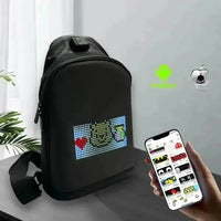 Side view of black LED pixel backpack illustrating its sleek shape and illuminated pixels.