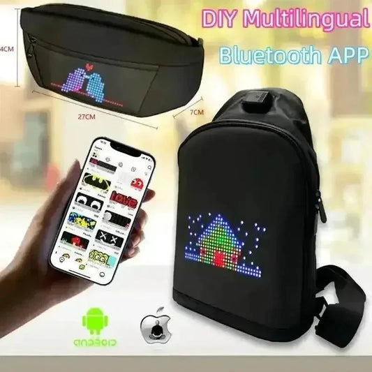 Black LED pixel backpack glowing with customizable bright pixel patterns in a dark setting.