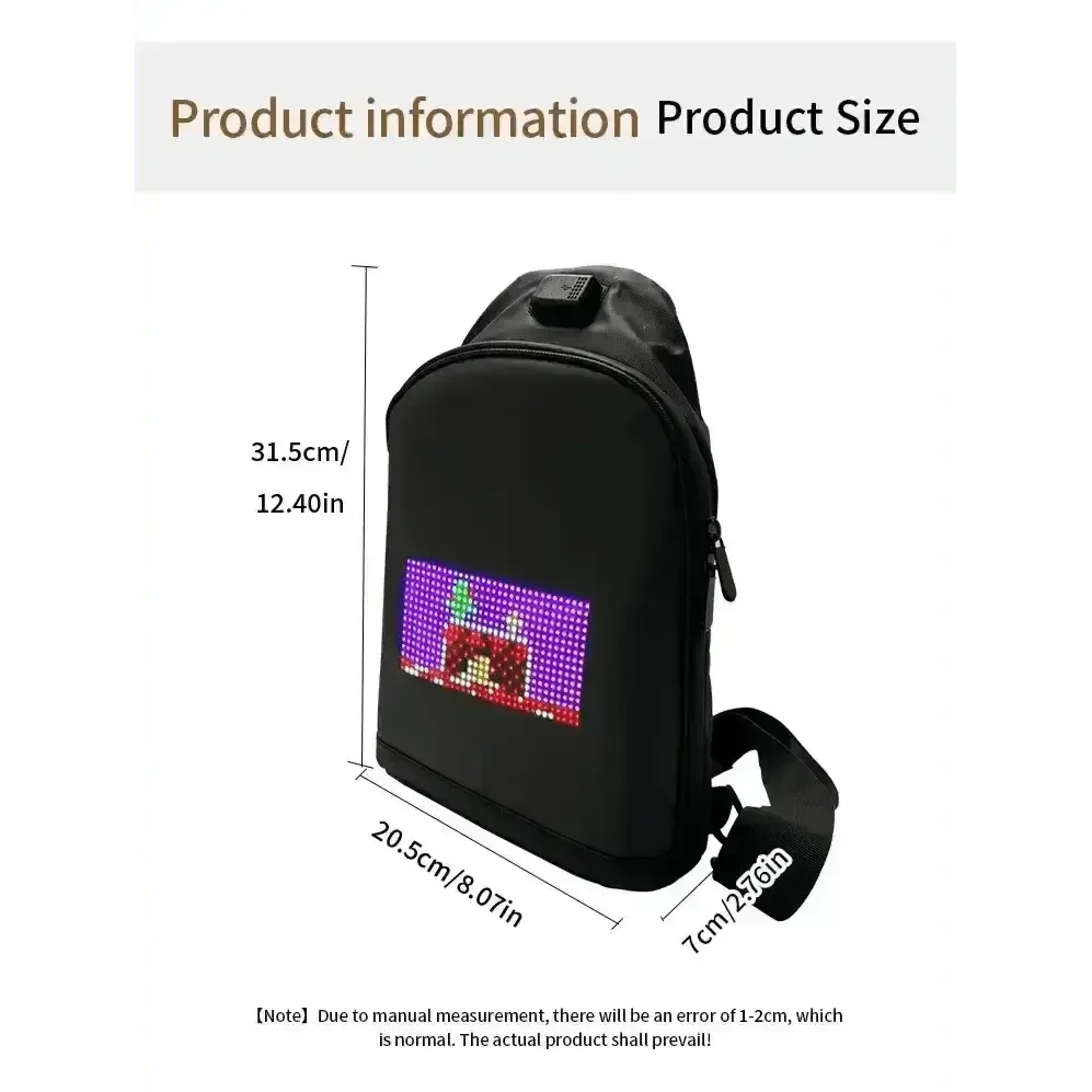 Black smart waist bag with LED pixel display worn across shoulder for casual urban look.