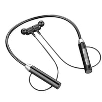 Close-up of black wireless earphones showing magnetic earbuds connected.