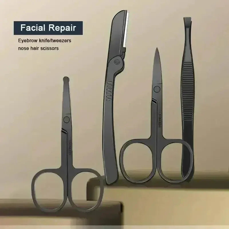 Open black case showing organized manicure tools including nail clippers and scissors.