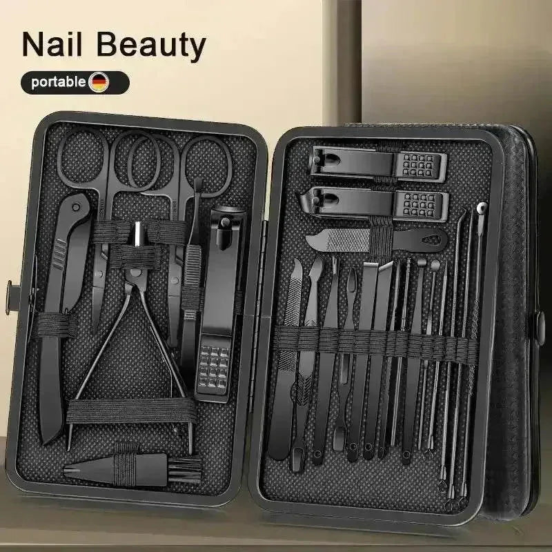 Black manicure set case displayed flat with grooming tools visible inside.