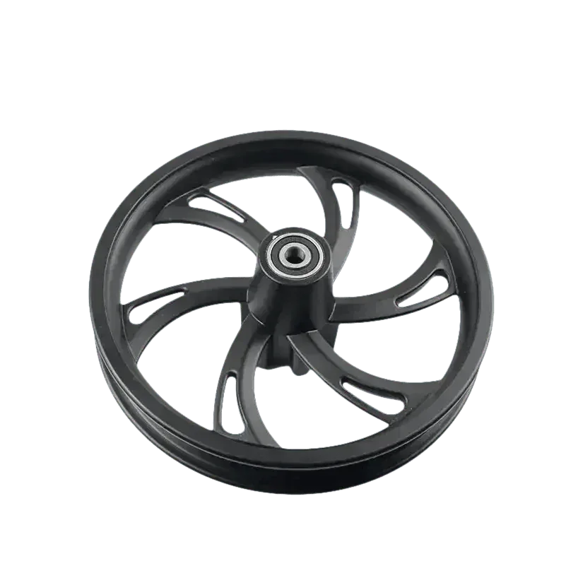 Side perspective of a black motorcycle wheel with front hub designed for electric scooters.
