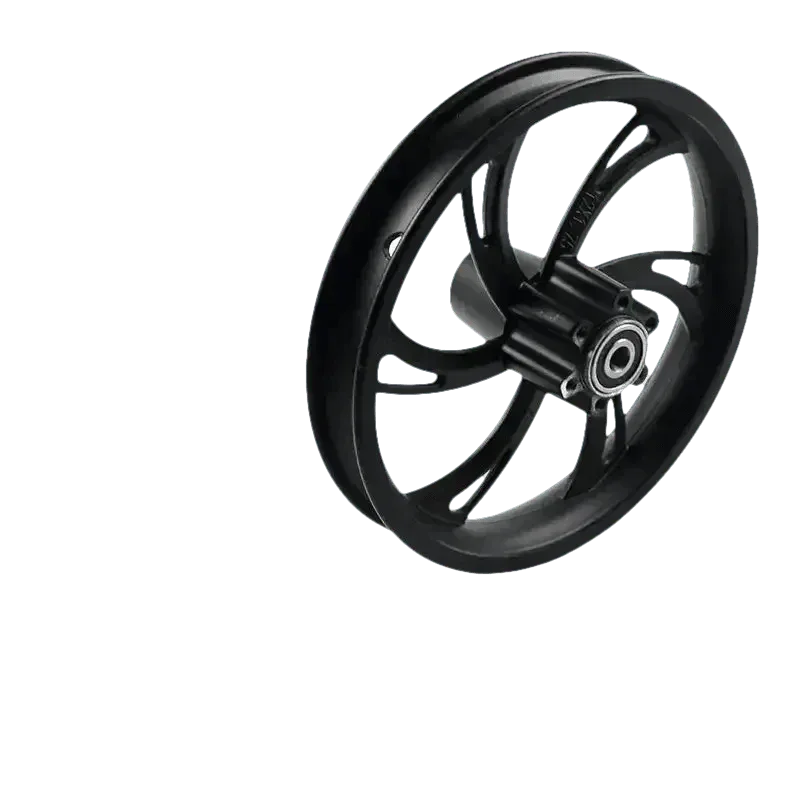 Close-up of the black electric scooter motorcycle wheel front hub with detailed spokes and rim surface.