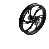 Close-up of the black electric scooter motorcycle wheel front hub with detailed spokes and rim surface.