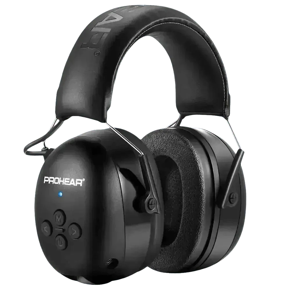 Close-up side view of black Bluetooth earmuffs showcasing ear cup texture and padding.