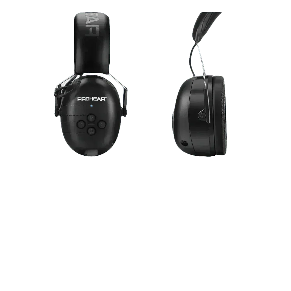 Black noise canceling Bluetooth earmuffs resting on a surface, showing sleek matte finish.