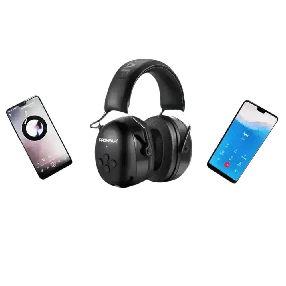 Top view of black Bluetooth earmuffs emphasizing adjustable headband and ear cushions.