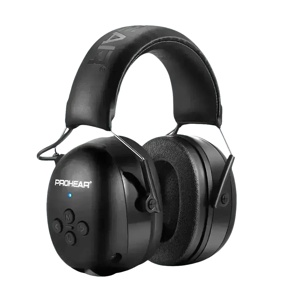 Black over-ear noise canceling Bluetooth earmuffs with cushioned ear cups and adjustable headband.