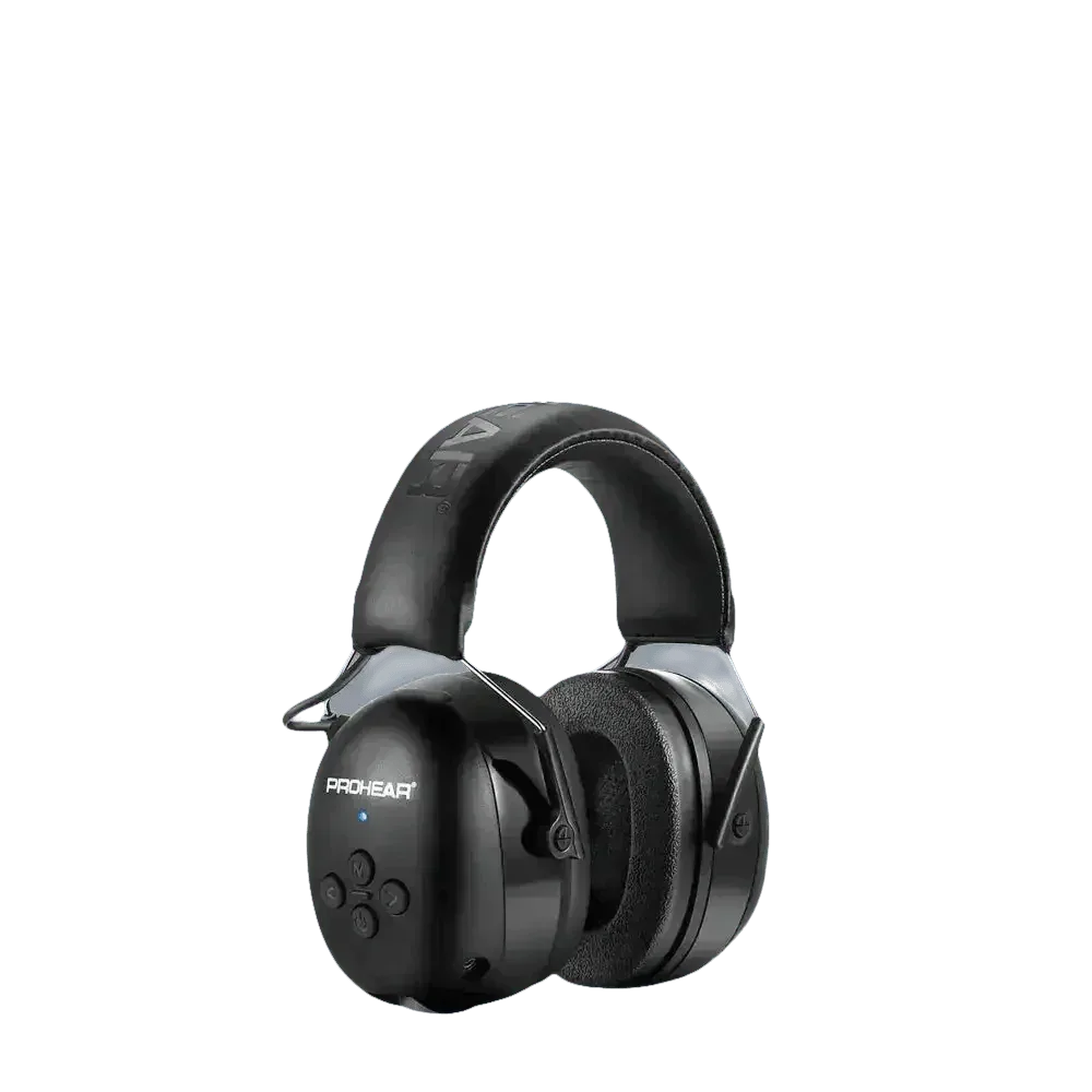 Side angle view of black Bluetooth noise canceling earmuffs showing ear cup and headband design.