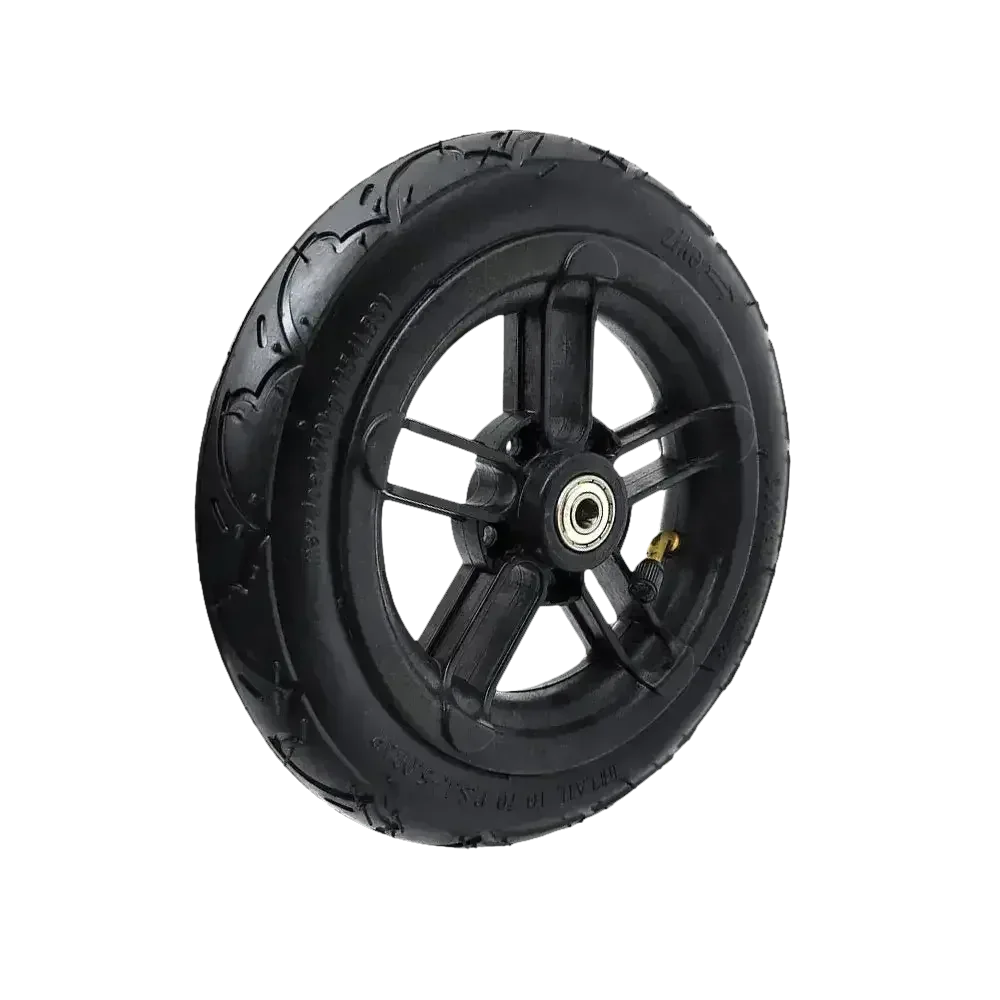 Close-up of black rubber scooter tire highlighting durable tread pattern and texture.