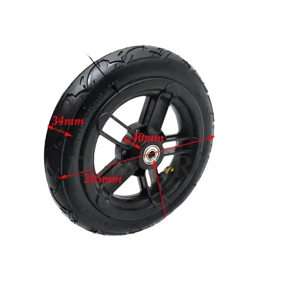 Folding electric scooter wheel with black tire and plastic rim in close-up view.