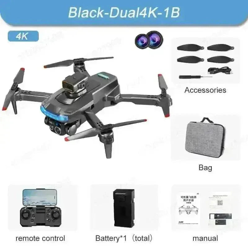 Black P15 Mini Drone resting on surface with landing gear visible from front angle.
