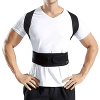 Black posture corrector belt worn by model showing upper back support and posture alignment.