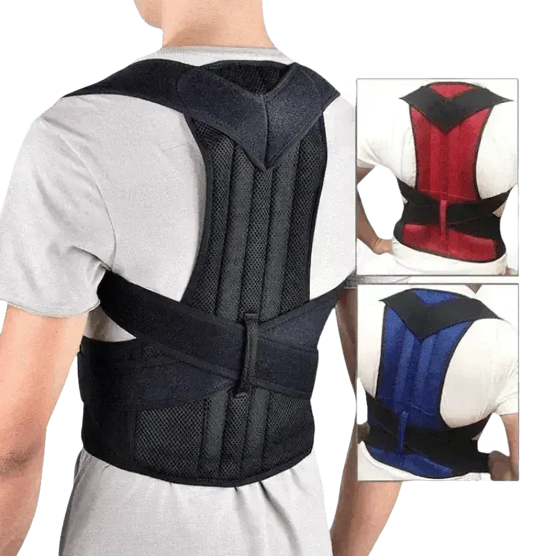 Close-up of black posture corrector belt strap with Velcro adjustment on dark background.