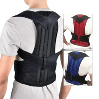 Close-up of black posture corrector belt strap with Velcro adjustment on dark background.