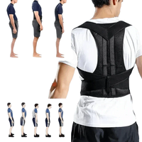Side angle of black posture corrector belt wrapped around back and shoulders.