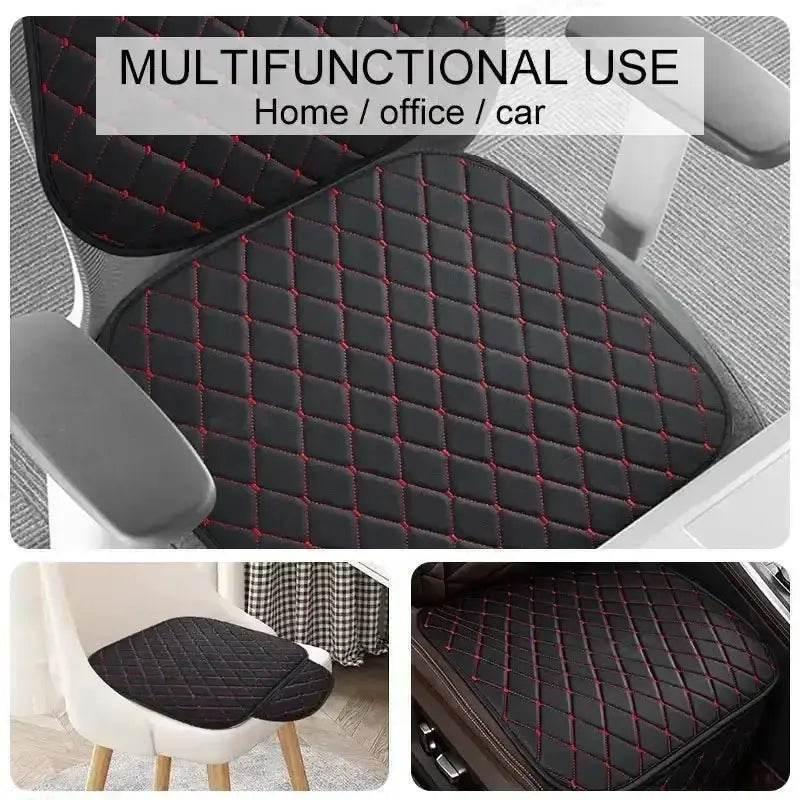 Passenger seat featuring black quilted leather cover with detailed stitch pattern.
