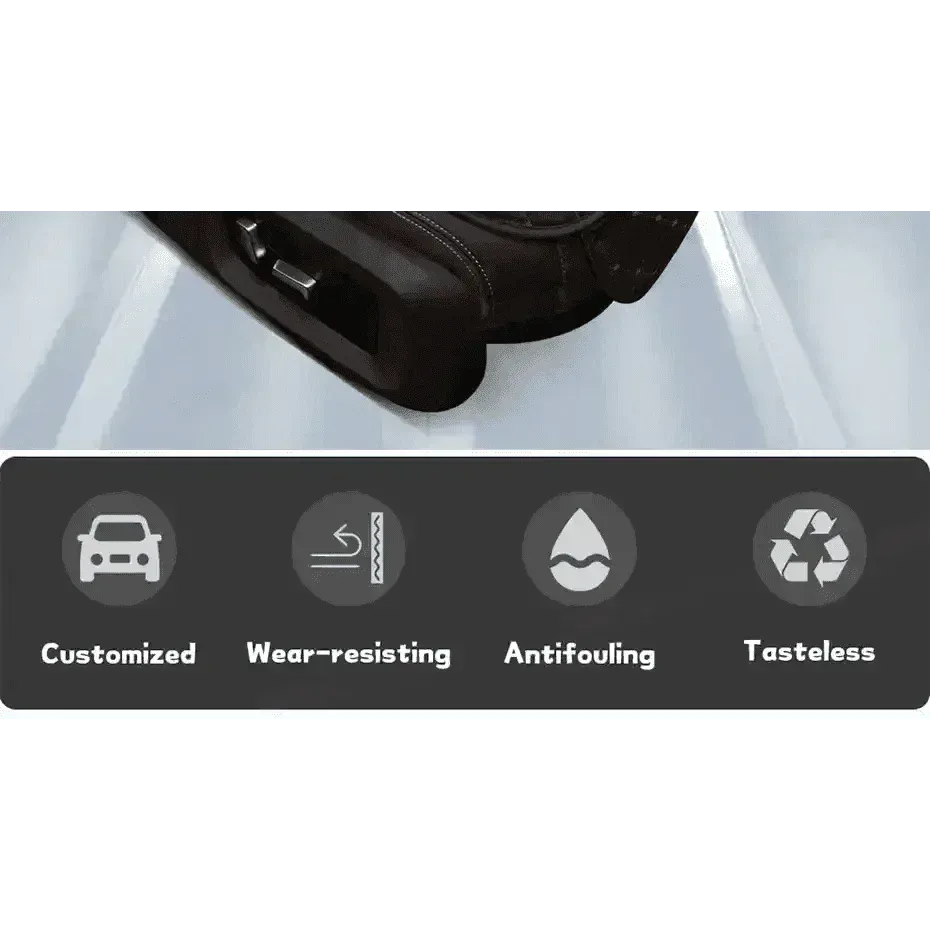 Black quilted leather seat cover on a car seat, showing ergonomic design and stitching.