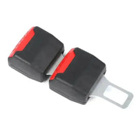 Black and red car seat belt extender with metal buckle on white background.
