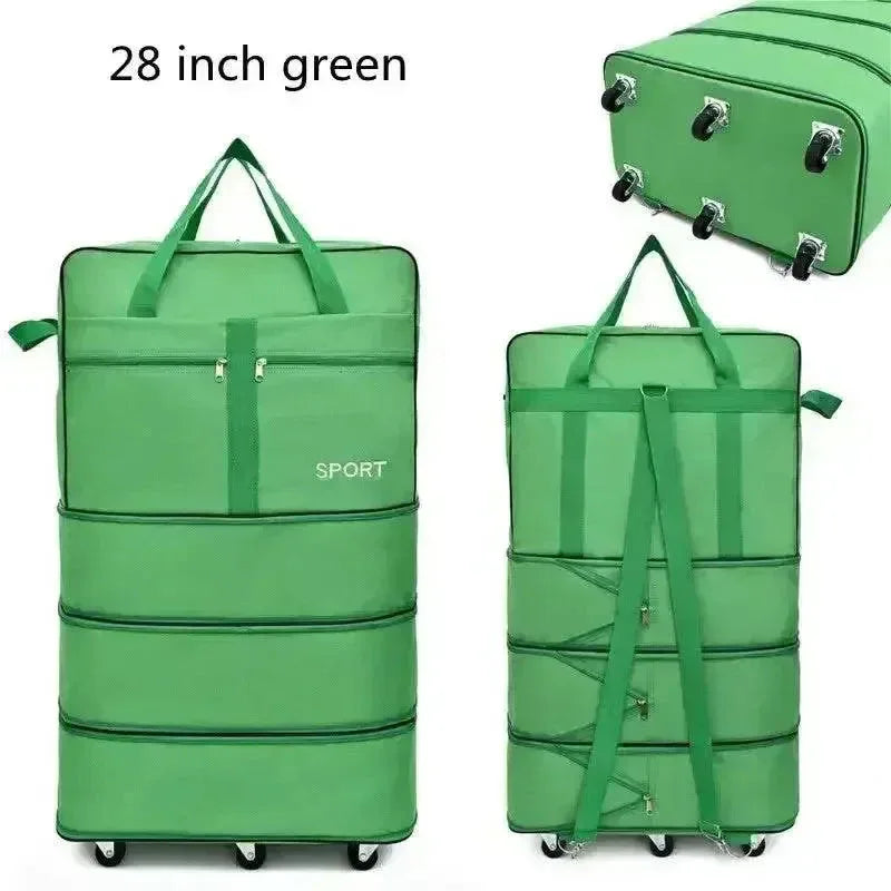 Green rolling foldable luggage bag standing upright with telescopic handle extended.
