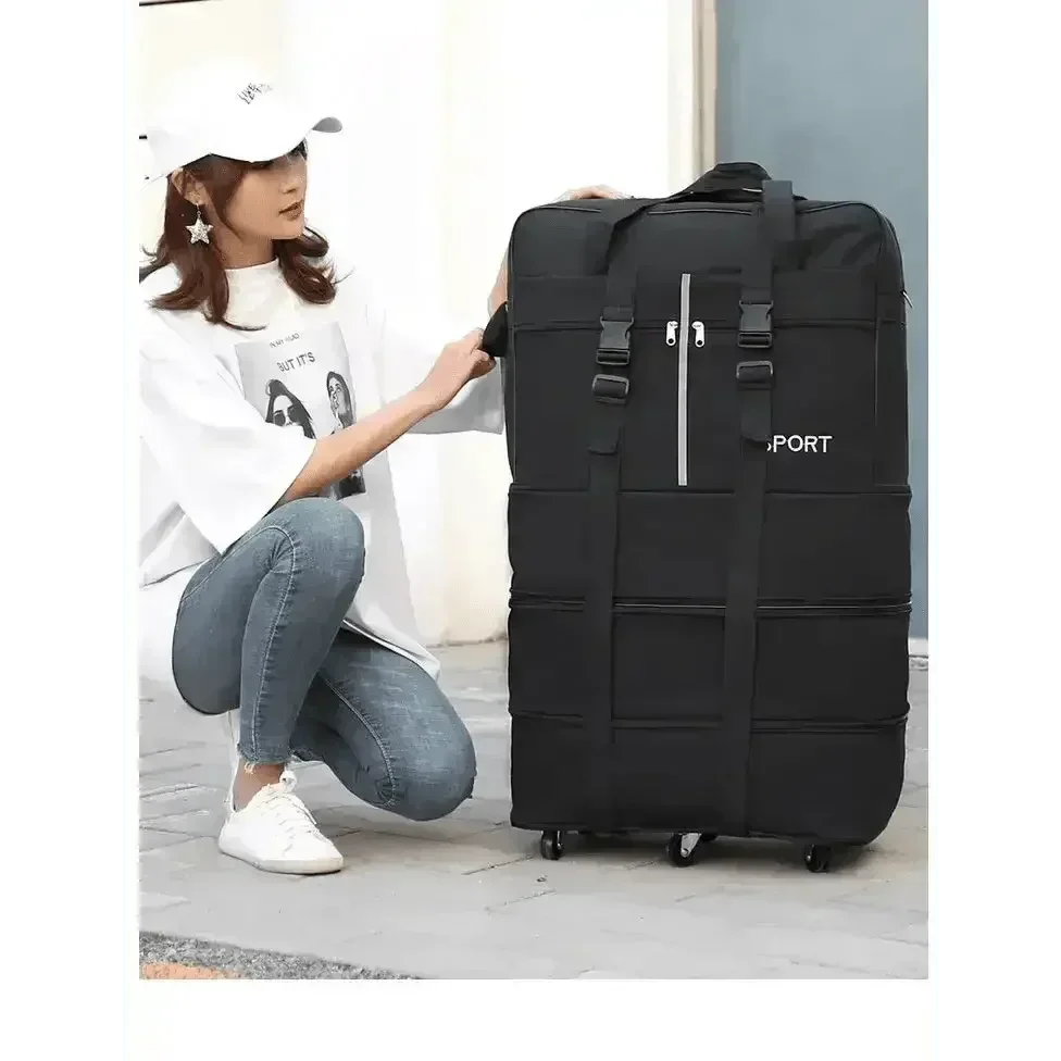 Black rolling luggage bag shown partly folded to highlight foldable feature and ease of storage.