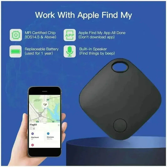 Black square Bluetooth tracker on a white surface with a subtle shadow.