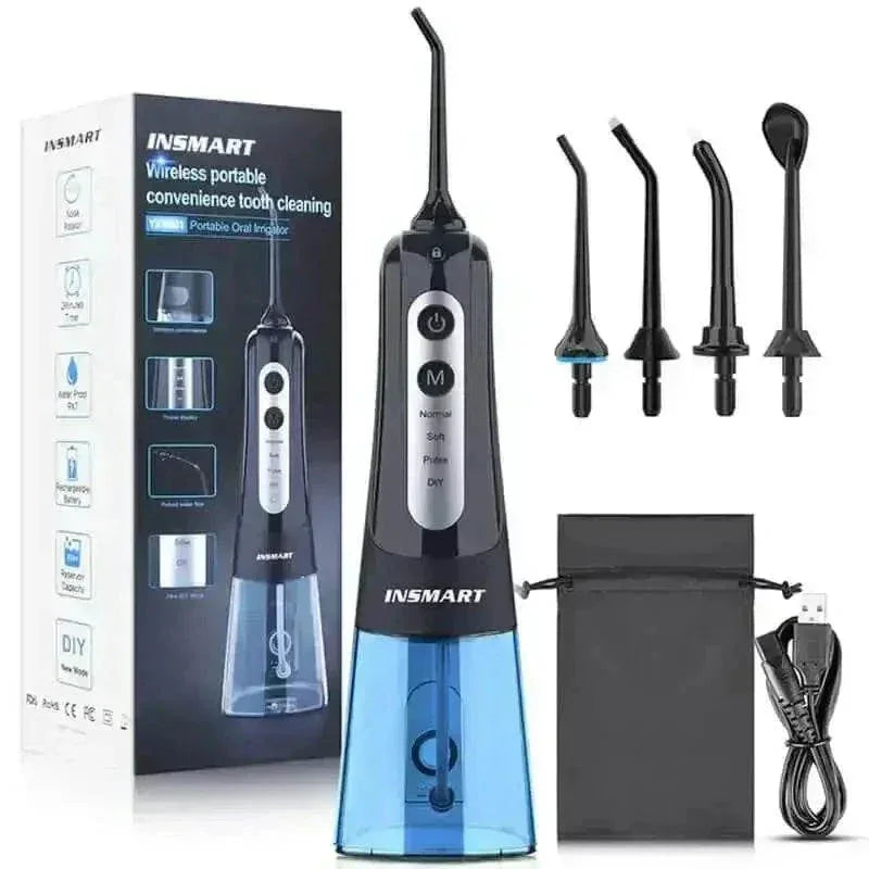 Dental water flosser angled to showcase slim body and water jet tip for oral hygiene.