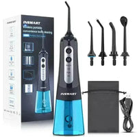 Black water flosser with USB charging cable connected, demonstrating rechargeability.