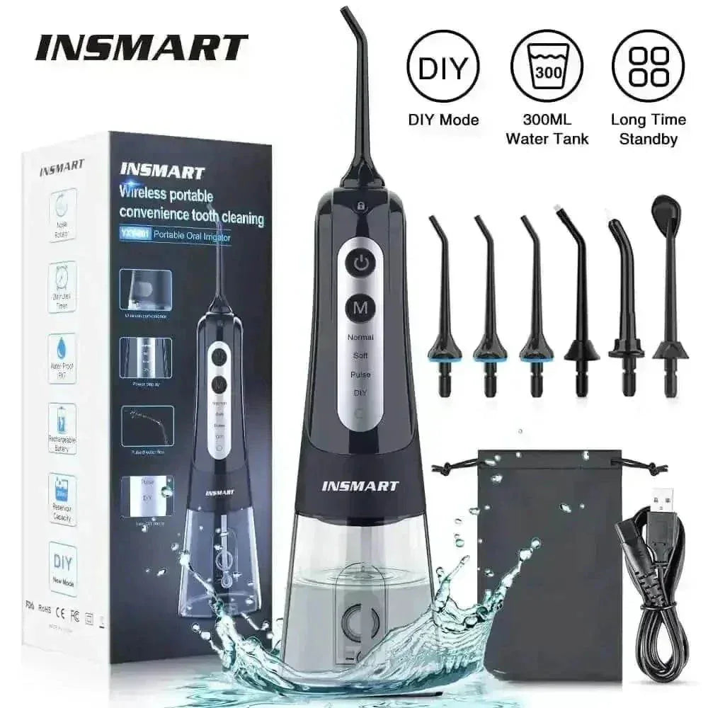 Black USB rechargeable dental water flosser angled to show slim handheld design and nozzle tip.