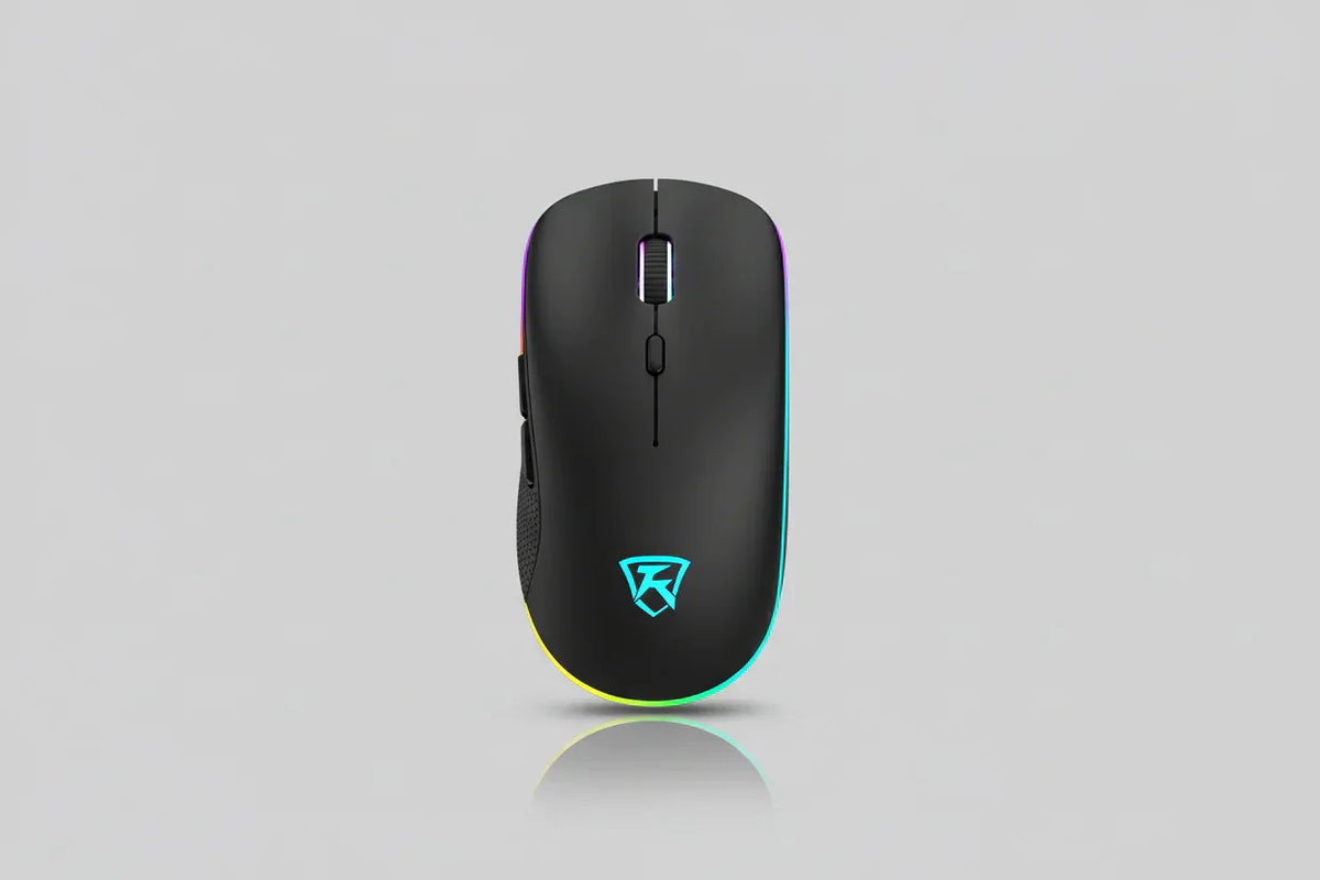 Sleek black USB rechargeable RGB LED wireless mouse on black surface.