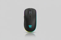 Sleek black USB rechargeable RGB LED wireless mouse on black surface.