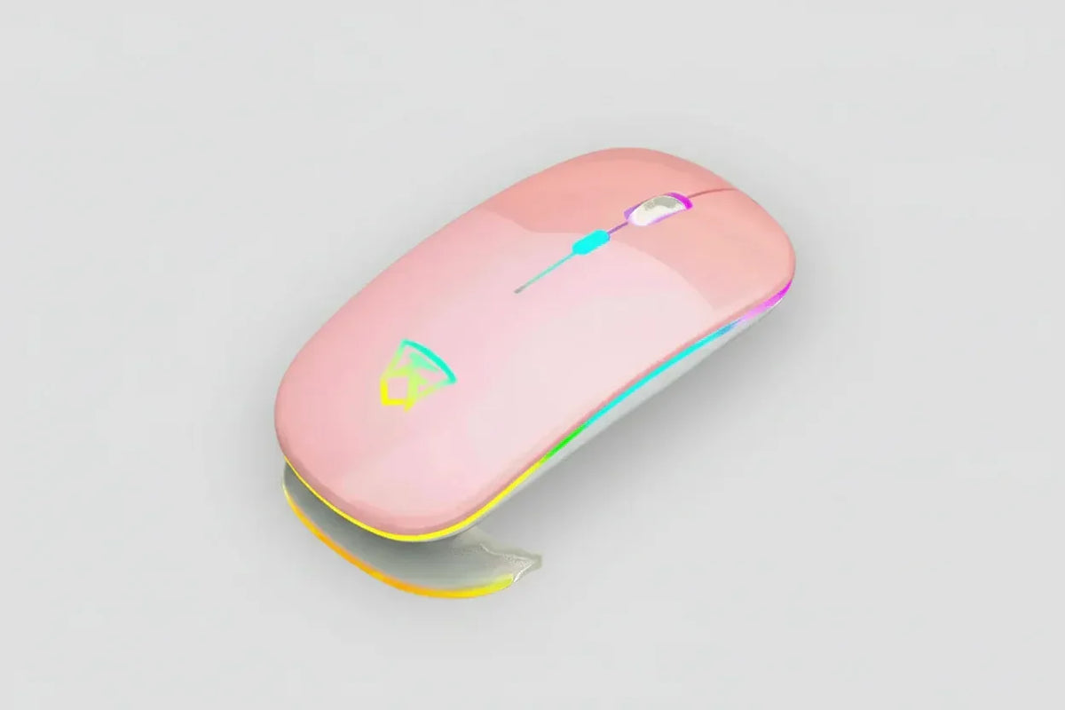 Black USB rechargeable RGB LED wireless mouse next to a pink keyboard.