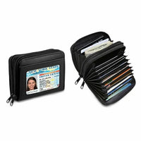 Black RFID blocking leather credit card wallet with keychain, shown closed on white background.