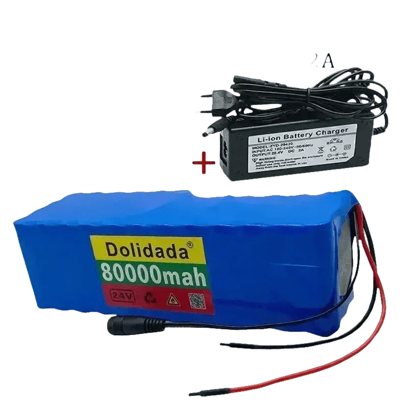 Blue 24V 80Ah scooter battery pack rectangular shaped on white background.