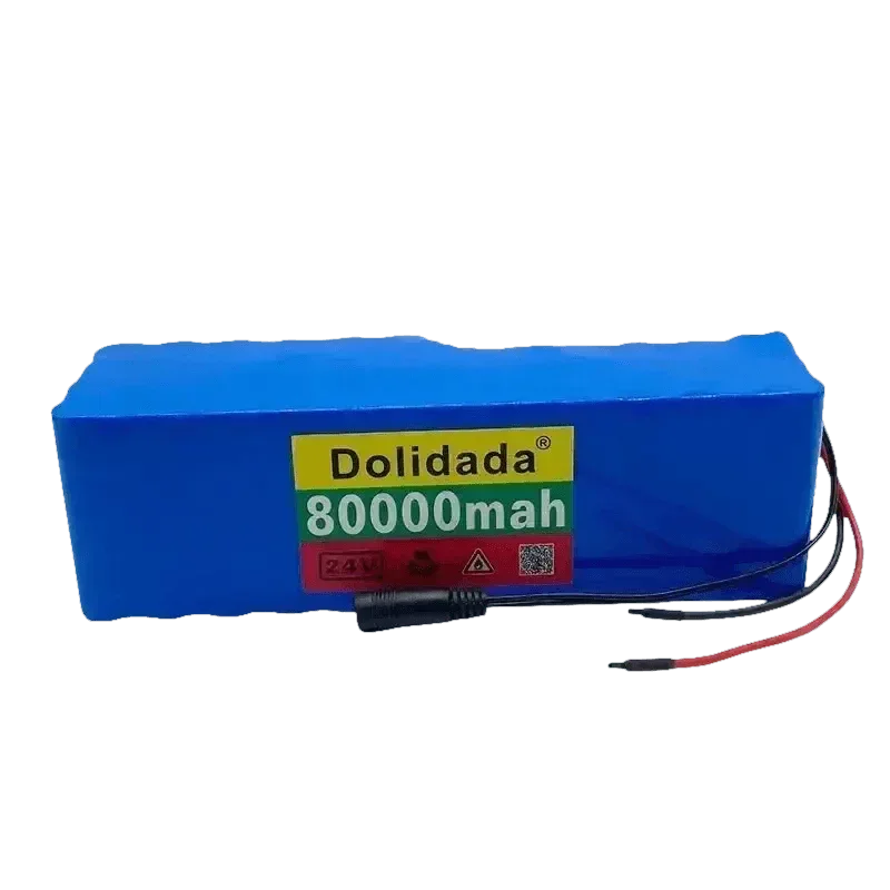 Blue scooter battery pack with wires and connectors visible on white surface.