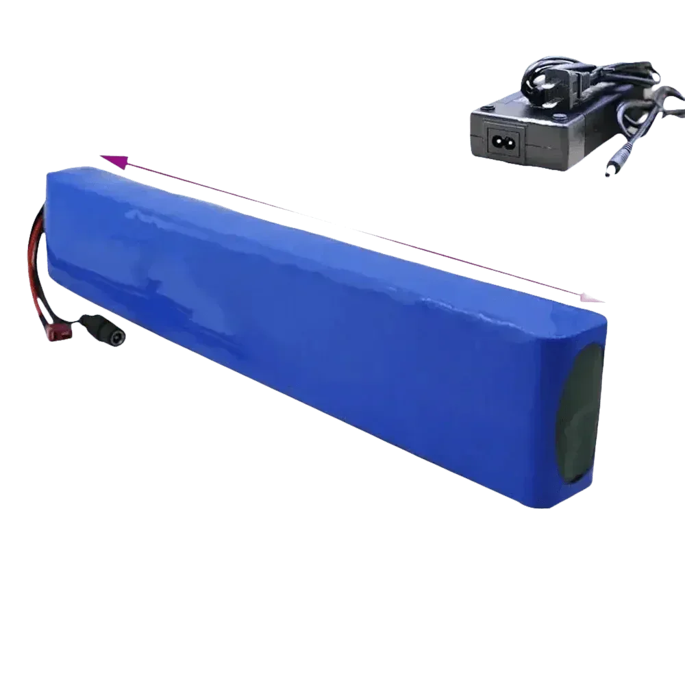 Blue 36V 14Ah lithium-ion battery with charger, showing charging port and charger plug.