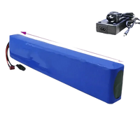 Blue 36V 14Ah lithium-ion battery with charger, showing charging port and charger plug.