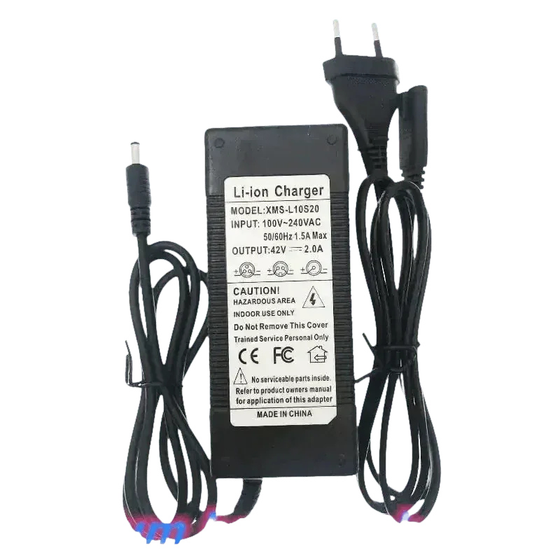 Close-up of black lithium-ion battery cables attached to the blue 36V 14Ah battery pack.