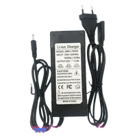 Close-up of black lithium-ion battery cables attached to the blue 36V 14Ah battery pack.