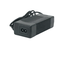 Black power adapter and blue 36V 14Ah lithium-ion battery for e-bike on a white surface.