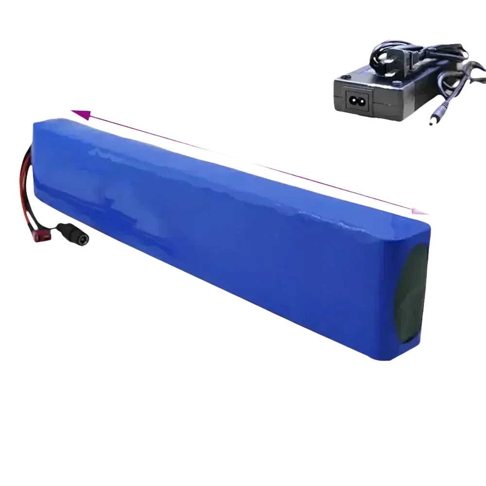 Blue 36V 14Ah lithium-ion e-bike battery pack with charger, rectangular shape, shown on white background.