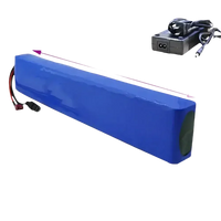 Blue 36V 14Ah lithium-ion e-bike battery pack with charger, rectangular shape, shown on white background.