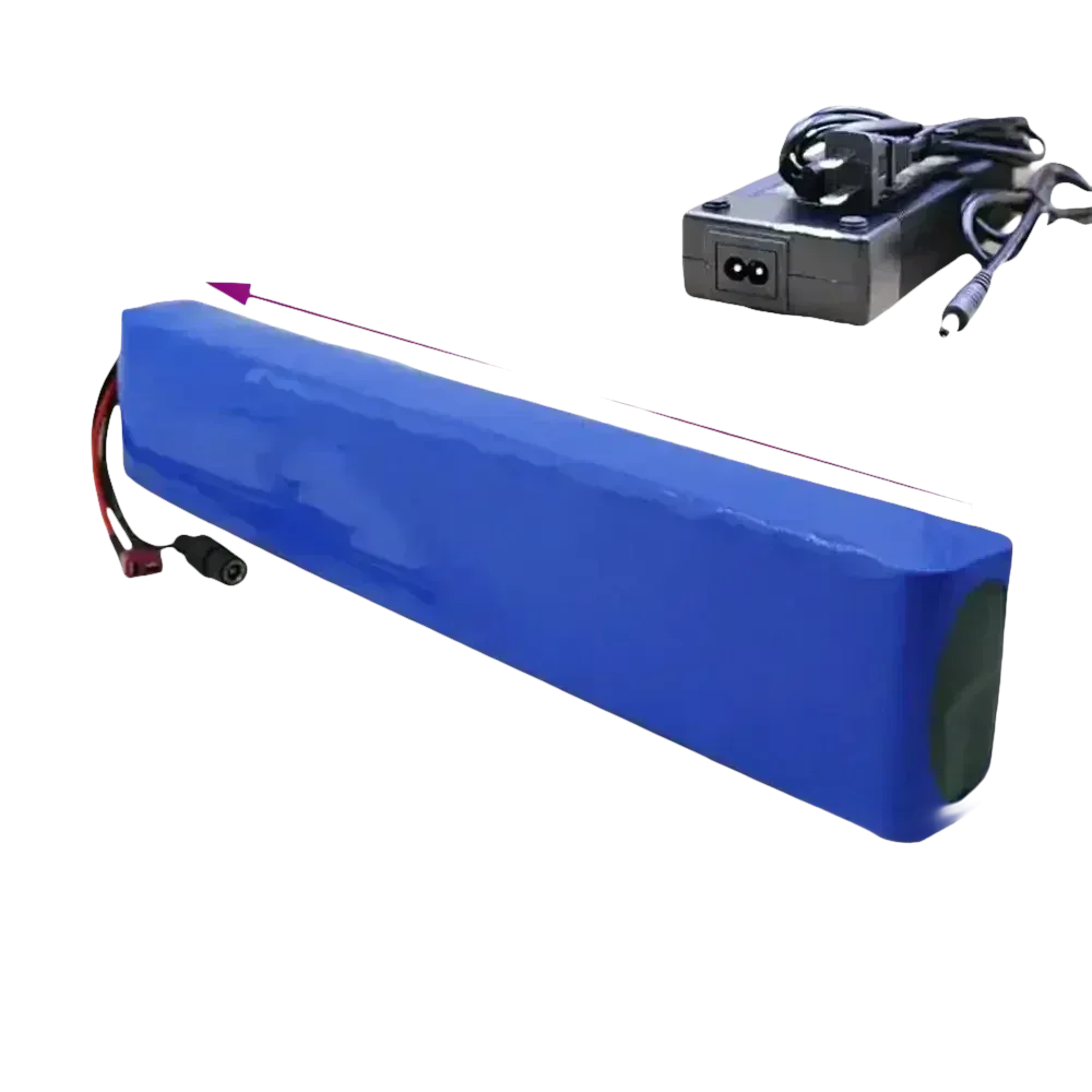 Top-down view of blue 36V 14Ah rechargeable lithium-ion battery for e-bikes with charger.